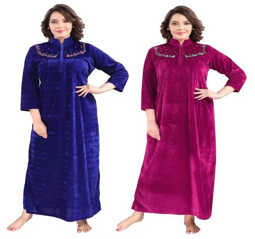 Women's Nighty Full Length Solid Velvet Nighty For Winter Wear Nightdress Sleepwear And Lounge Wear Nighty Combo (Pack of 2) (Navy Blue, WIne)