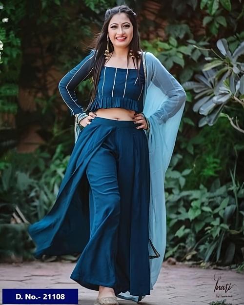 Mrignayani Women/Girl's Rayon Teal Blue Medium Crop top with Skirt-Palazzo and Dupatta Set.