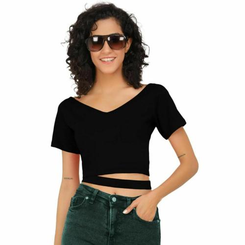 Buy Ad2Cart Women Black Cotton Va4421 V Neck Crop Top (Xs) Online at