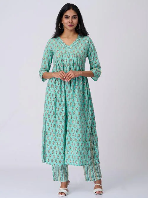 Anora Cotton Aqua Green Botanical All over Print with Embellished Sequins Straight Cut Kurti set for Women (Aqua Green, XXL)