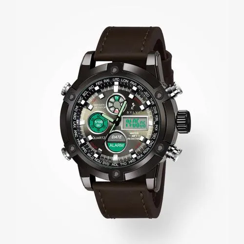 SYLVI Coffee Black Analogue-Digital Luxury Leather Strap Multi-Functional Casual Business Wrist Watch for Men and Boys