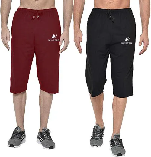 Diwazzo Men Blue, Black Solid Pure Cotton Pack Of 2 Three Fourths Pant (Xl)