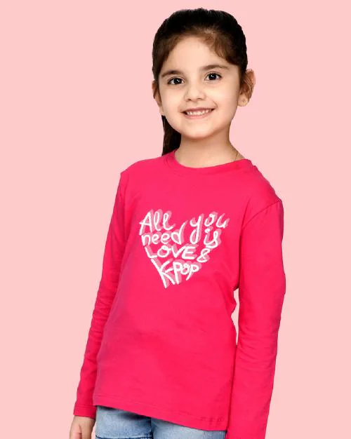 Nusyl Girls Hot Pink Text Printed Full Sleeve T-shirt