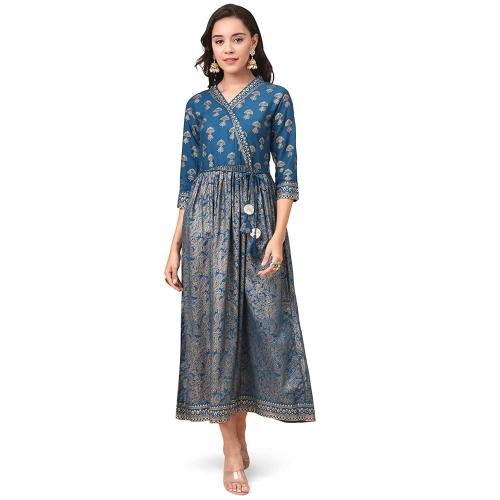 Turritopsis Women Teal Blue Foil Printed Rayon Gown (M)