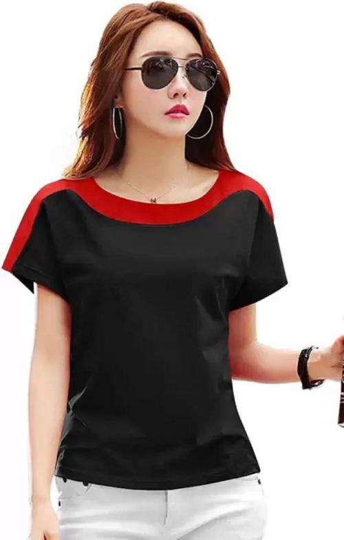 WRODSS Women Color Block Round Neck Red, Black T-Shirt(L)