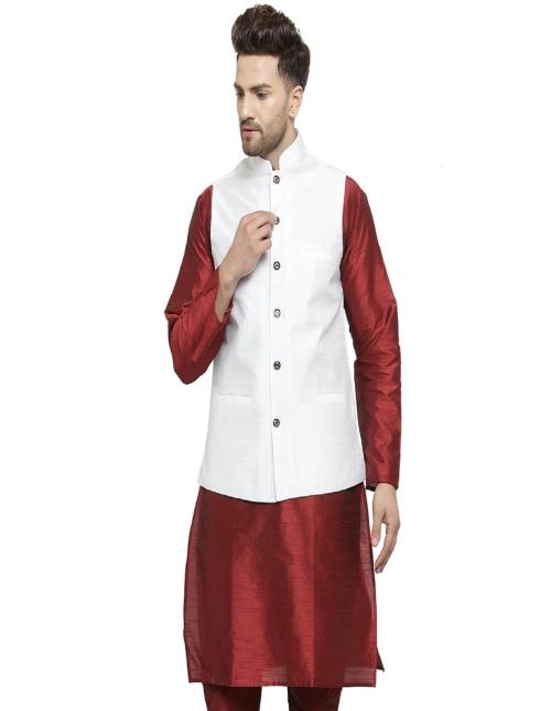 Benstoke Men's White Solid Silk Blend Nehru Jacket
