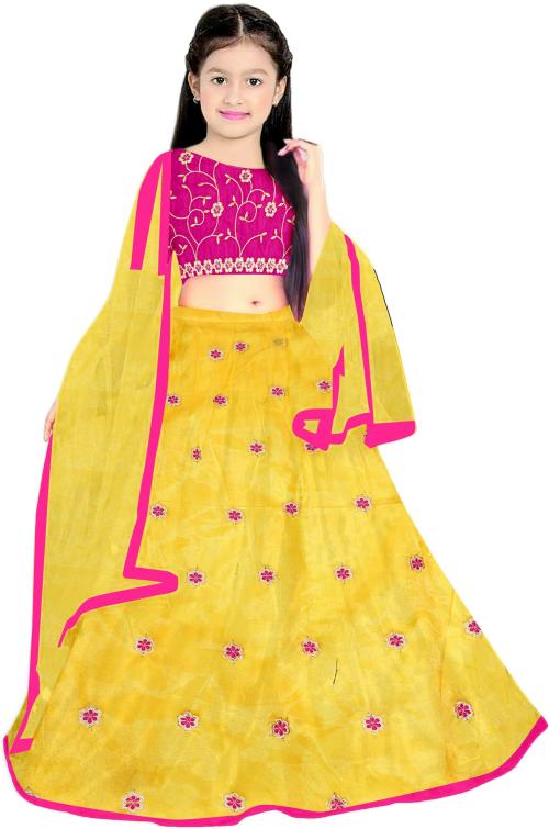AJFab Girls Yellow, Rani Embroidered Net, Satin Lehenga With Choli And Dupatta Set (6-7 Years)