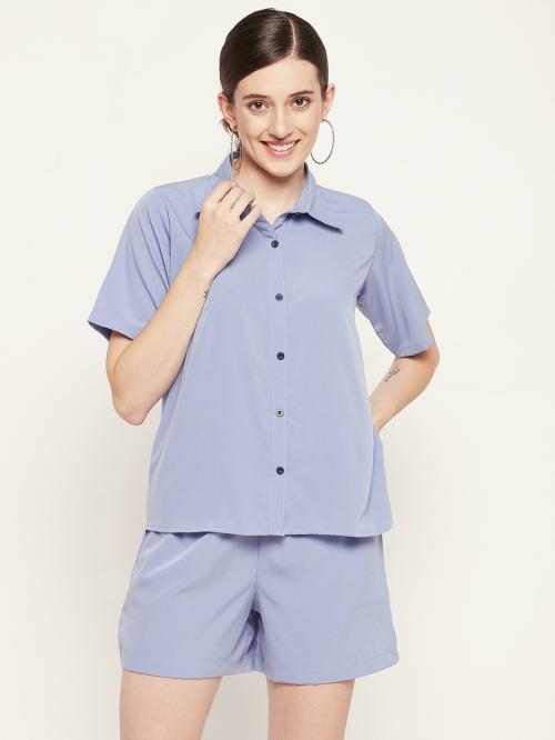 Serein women's co-ord set (Light blue solid crepe shirt with Shorts co-ord)