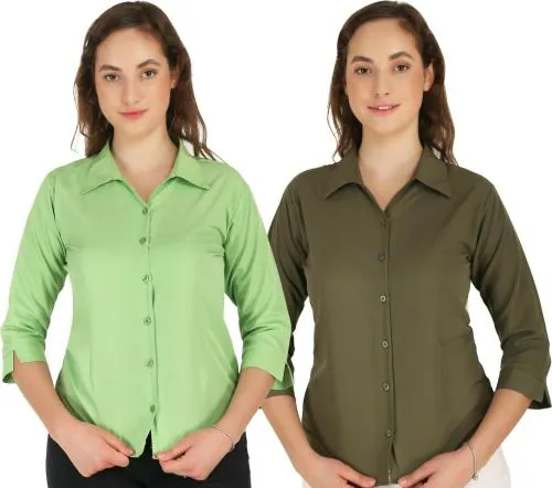 Hunoor Womens Parrot Green and Green Solid Crepe Pack of 2 Formal Shirt l women shirt l casual shirt for women