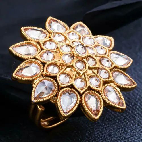 Sukkhi Sparkling Eye-CatchyFloral Gold Plated Colour Stone Adjustable Ring For Women