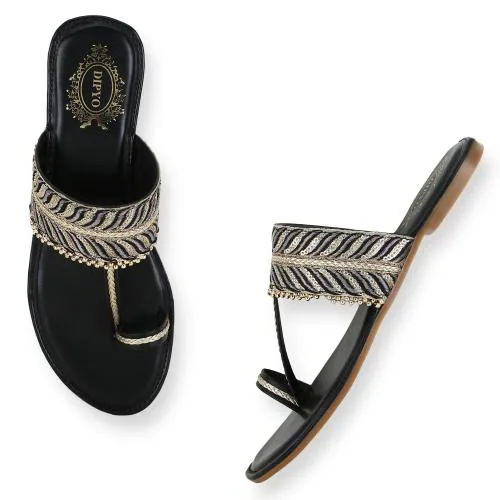 DIPYO Premium Women Ethnic Embroidered Flats Footwear for Women | Stylish Slippers For Party and Formal Wear | Flat Embroidered Sandal