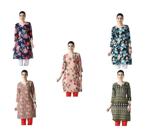 IndiWeaves Digital Printed Straight Kurta/Kurti for Women {Pack of 5} Multicolor