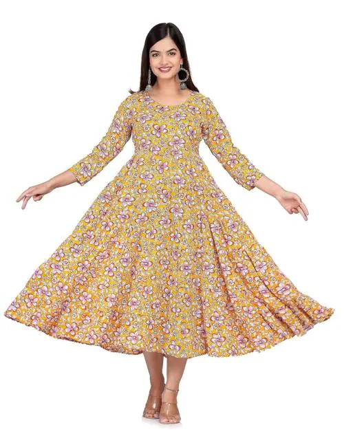 JAYRA TEXTILE Rayon Anarkali Regular Fit Floral Printed Round Neck 3/4 Sleeve Long Gown for Women and Girls (Yellow _ XL)
