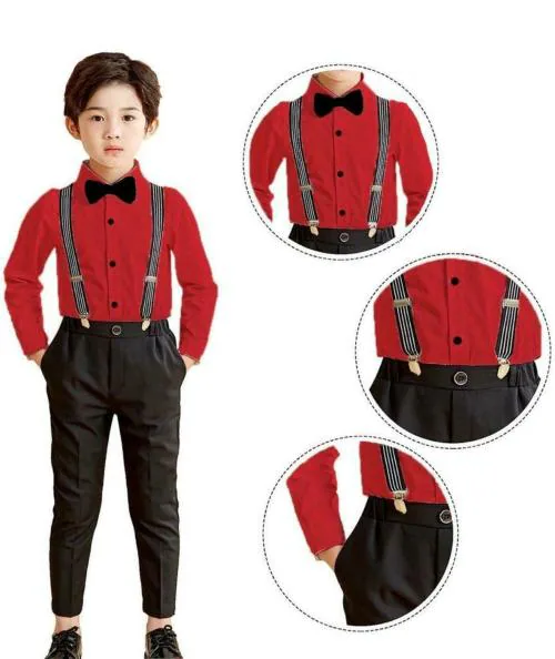 Froquiliz Boys Party Wear Shirt Pant, Bow Tie, Suspenders Dungaree Red 5-6 Y