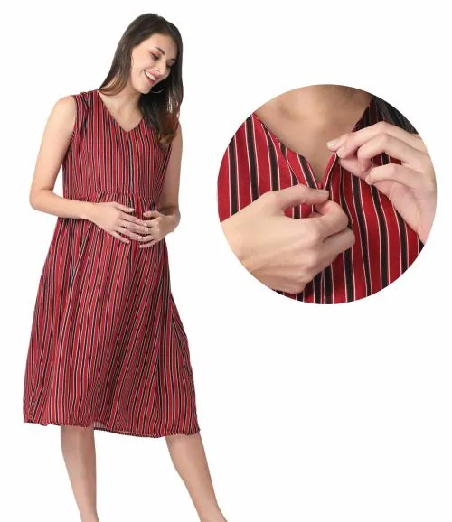Morph Maternity | Women Feeding Dress | With Hidden Vertical Zip For Easy Breastfeeding | Fits During Pregnancy & Post Pregnancy | Soft Cotton | One Side Pocket | Maroon | M