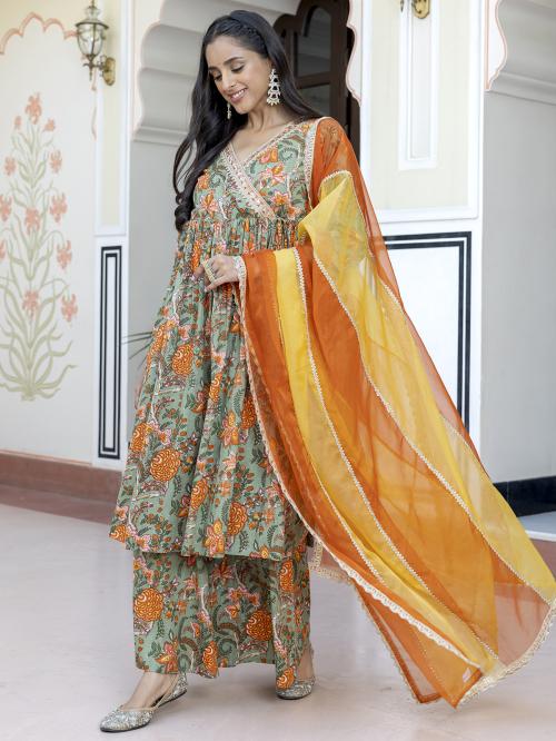 Janasya Women's Green Cotton Embellished Ethnic Printed Kurta with Flared Palazzo and Dupatta