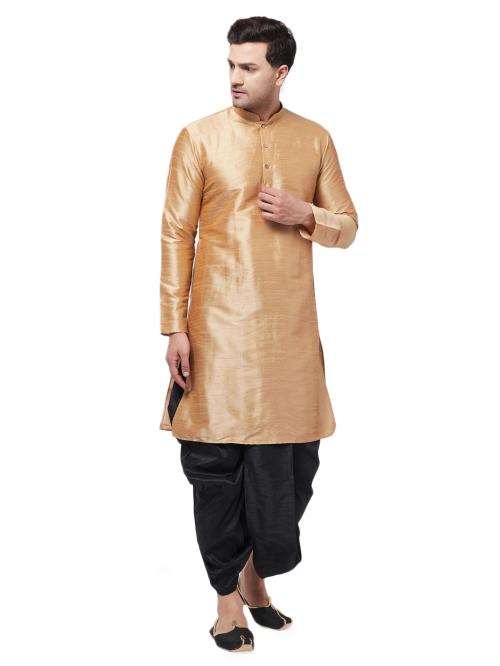 Vastramay Men's Rose Gold Silk Blend Kurta and Dhoti Set