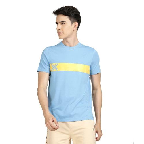 LAVOS Men Cyan Color Block Graphic Logo Bamboo Cotton T-Shirt (Large)