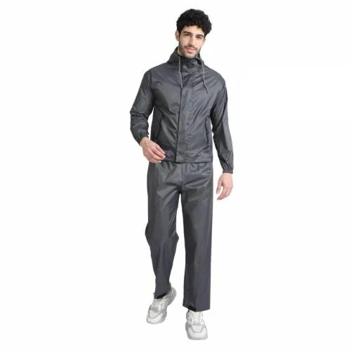 ROBOSKIN Square Raincoat For Men Waterproof Nylon Coat With Pants Rain Suit For Men Waterproof Best with Hood And Inner Mobile Pocket Includes Carrying Pouch (XL, Grey)