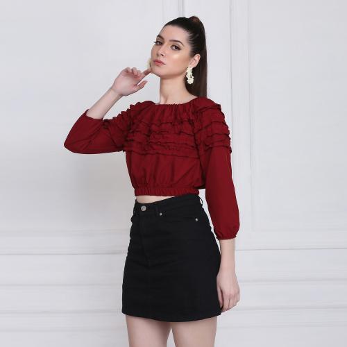 BuyNewTrend Stretchable Crepe Blue Frill Crop Top | top for women | women top | top for women | women top