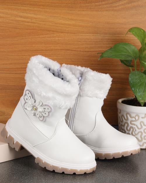 Passion Petals PU Winter Boots With Side Butterfly For Girls - White