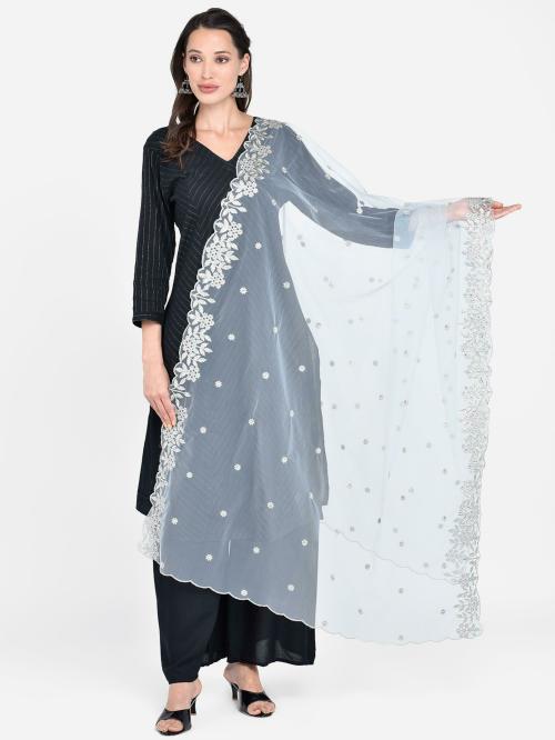 Dupatta Bazaar Women Silver Embroidered Net Dupatta