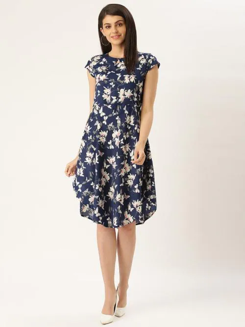 Qsimya Women's Knee Length Blue Butterfly Floral Printed Dress