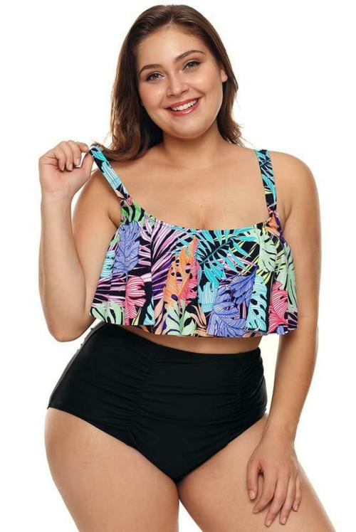 Plus Curvves Tropical Jungle Hammock Flounce Crop High Waist Bikini Swimwear- 3XL Multicolour