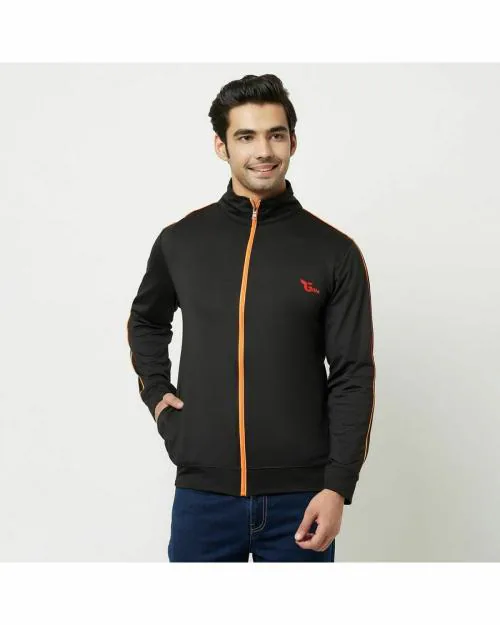 Glito Black Solid With Orange Stripe Stretchable Regular Fit Sports Wear Jacket/Upper For Men