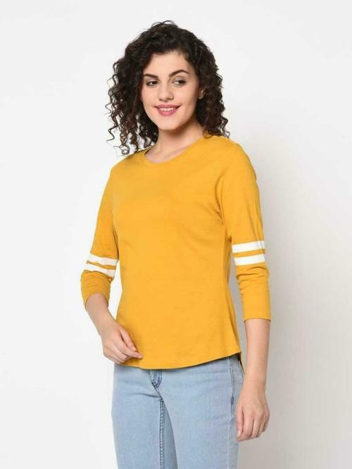 Nice Queen Women Yellow Striped Cotton Blend T-Shirts (Small)