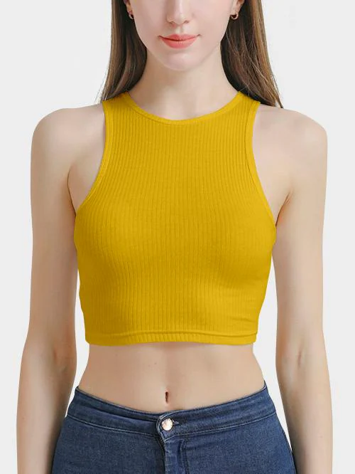 UNIKKART Yellow Crop Top For Women Round Neck T Back Ribbed Sleeveless Tank Crop Top M