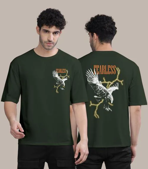 BULLMER Oversized Olive Front and Back Printed / Colourblock Baggy / Oversized Tshirt for Men