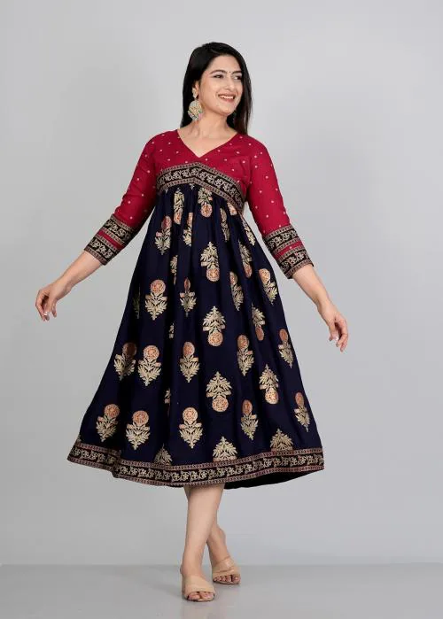 Bajariya Fashions Women's V-Neck Dress - Elegant Indian dress with Floral Prints_Black