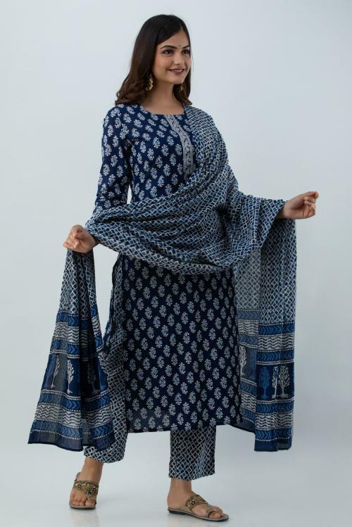 Gulmohar Jaipur Women Blue Floral Pure Cotton Kurta Suit Set