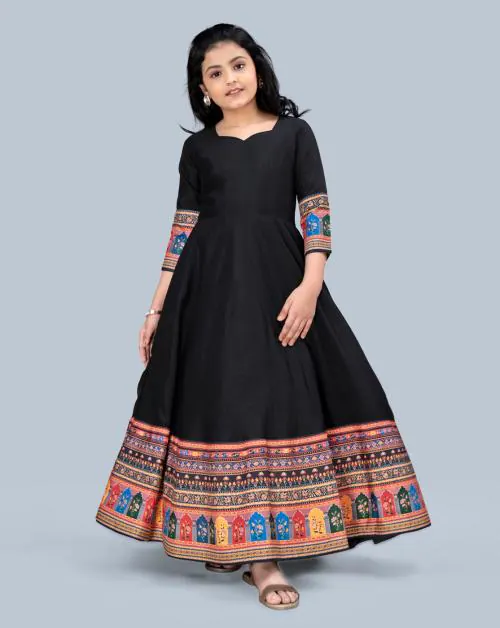 Fashion Dream Girls Black Printed Crepe Silk Pack Of 1 Dress | Dresses | Kids Wear | Girls Dress | Kids Dress | Dress | Dresses For Girls | Maxi Dress | Kids Girls Dress
