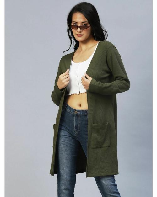 Rigo Women Olive Front Open Waffle Knit Long Shrug