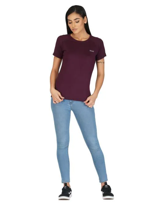 NiceG Women's Wine Round Neck Half Sleeves Dry Fit Gym Sports T-Shirt (SF-1001_WINE-S)