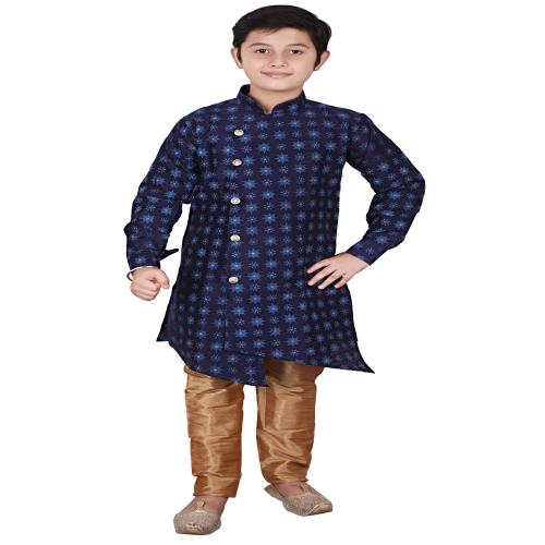 Pro-Ethic Style Developer Boy's Navy Blue Jacquard Silk Floral Print Kurta Pajama For Kids