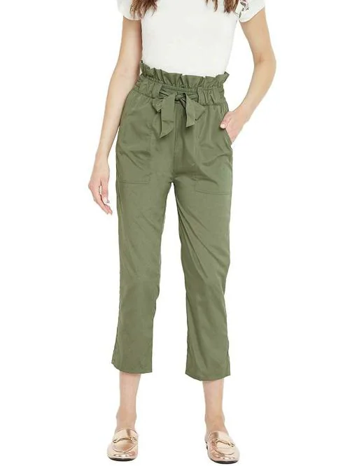 PANIT Women Olive Crepe Regular Fit Trousers