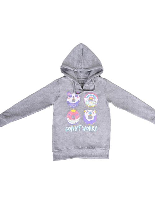 UrbanMark Junior Girls Grey Melange Chest Glitter Printed Full Sleeves Hoodie Sweatshirt