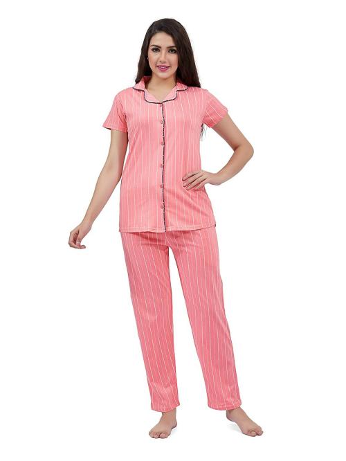 SCKIRASA Women Light Pink Stripes Cotton Night Suit - M