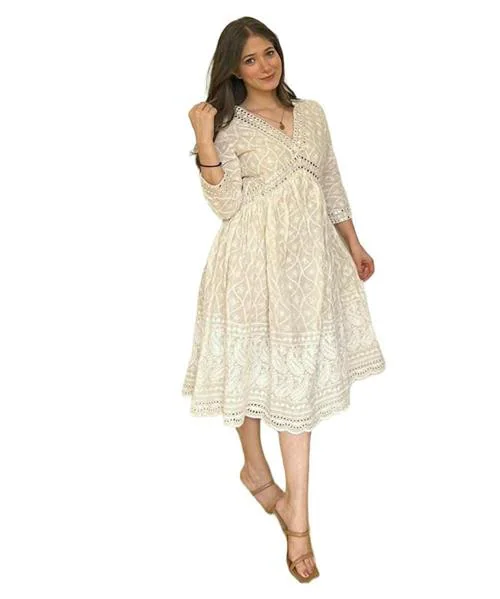 Femeone Women Cream Cotton V-Neck Anarkali Kurti with Seqeunce Work - M
