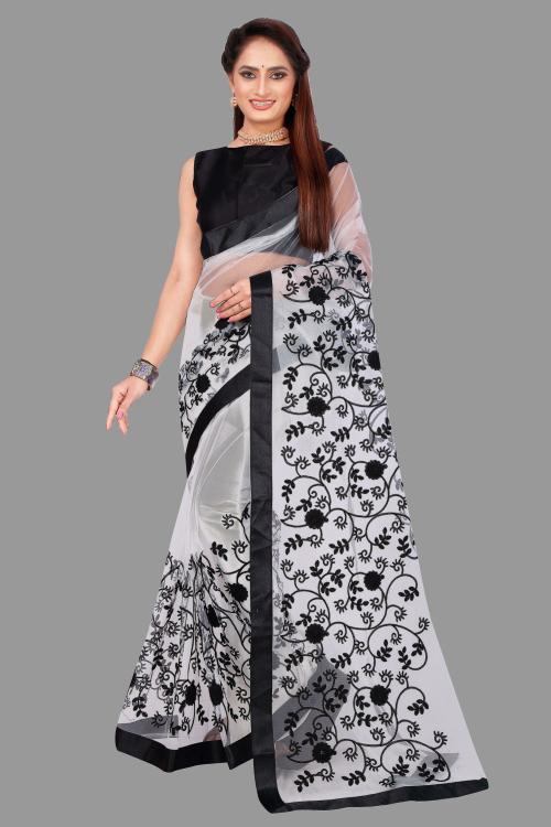 HETIOM Women White Printed Net Saree