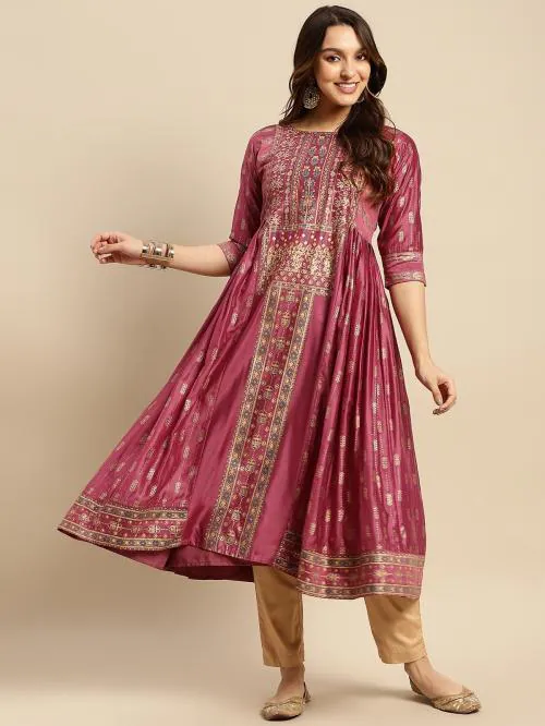 Rangita Women Burgundy Sequin Yoke Embroidered Foil Printed Calf Length Anarkali Kurti