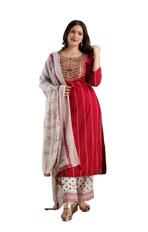 Clickedia Womens Fully Stitched Rayon Printed Anarkali Kurti with Thread Work , Mirror Work and Cotton Dupatta with Palazzo Jaipuri Salwar Suit