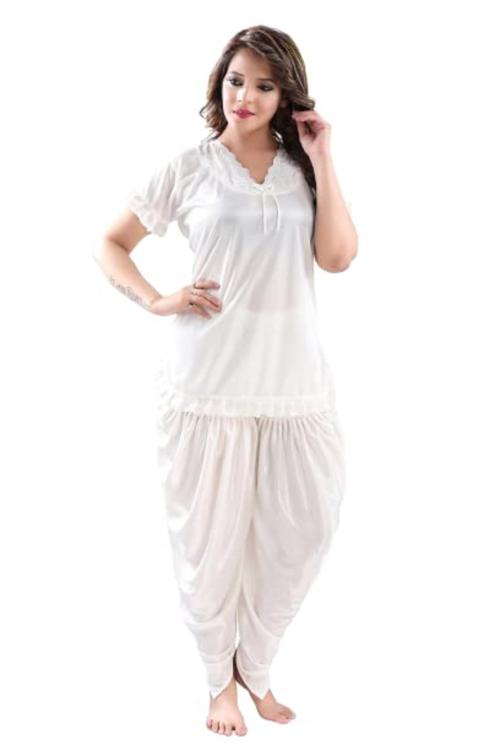 Kavanng Women's Satin Patiyala Nighty, Soft and Stylish Satin Nightwear for Women, Silky Night Suit Set, Fashionable Stylish Satin Patiyala Nightwear for Women (L, KG-1501-WHITE)