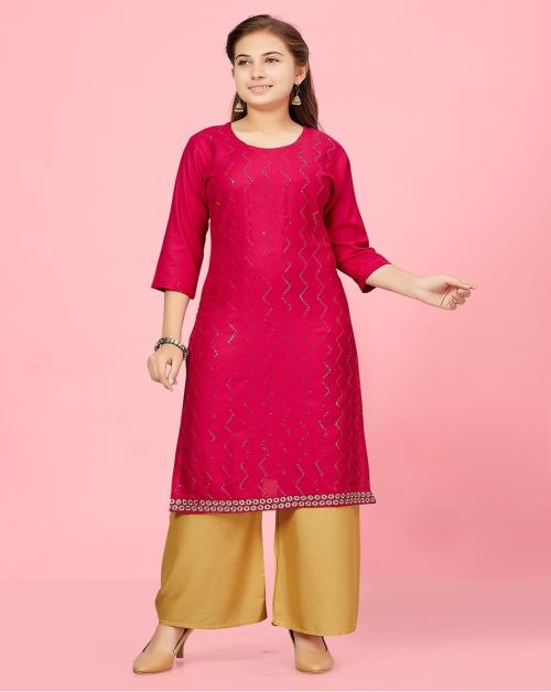 Aarika Girls Rani-Fawn Colour Cotton Kurti Palazzo Set