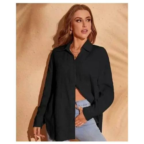HINDI FASHION Womens Breadthable Cotton Blend Spread Collar Full Sleeves Solid New Stylish Shirt For Office And Formal Wear (Colour: Black, Size: Large)