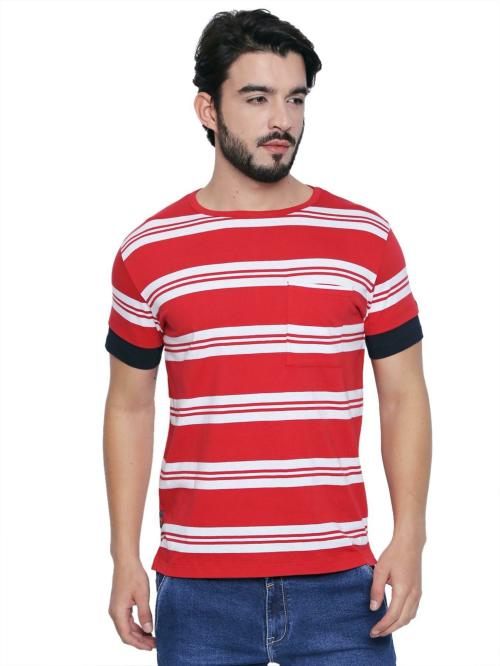 Cult Fiction Men Red Striped Pure Cotton Tshirt (M)
