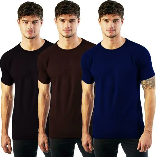 MADFROG Men Black, Coffee Brown, Navy Blue Solid Cotton Blend Pack of 3 Round Neck Tshirt (S)| t shirt | off white tee | graphic tees | custom t shirts | long sleeve shirts |shirt | white tees |